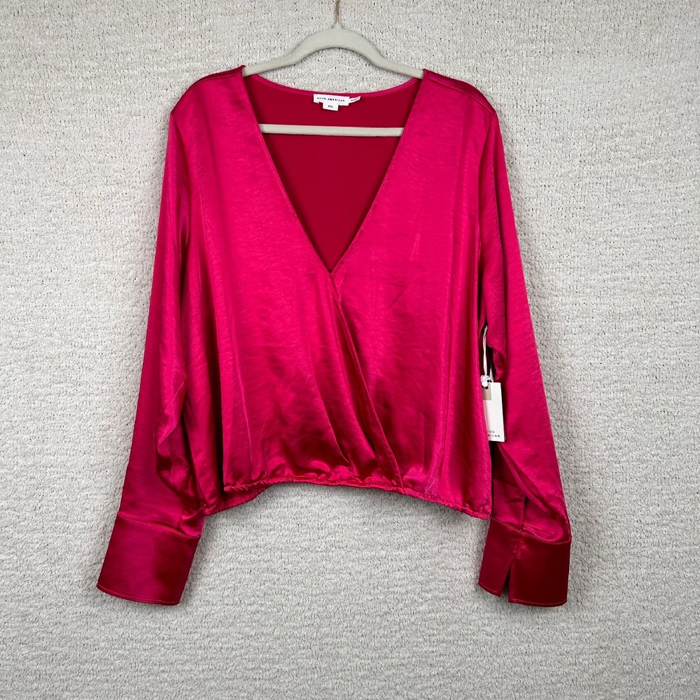 Good American Blouse Womens 2XL Satin Wrap V-Neck Long Sleeve in Love Potion NWT
